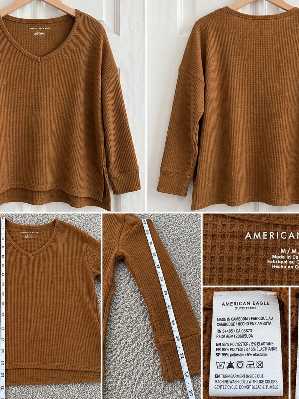American Eagle Outfitters Men's V-Neck Waffle Knit Sweater - Cognac Brown